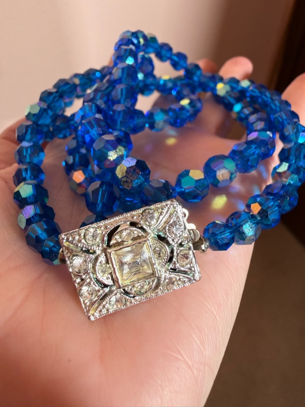 Vintage Art deco Cobalt Blue Glass Aurora Borealis Double strand Necklace 17inch